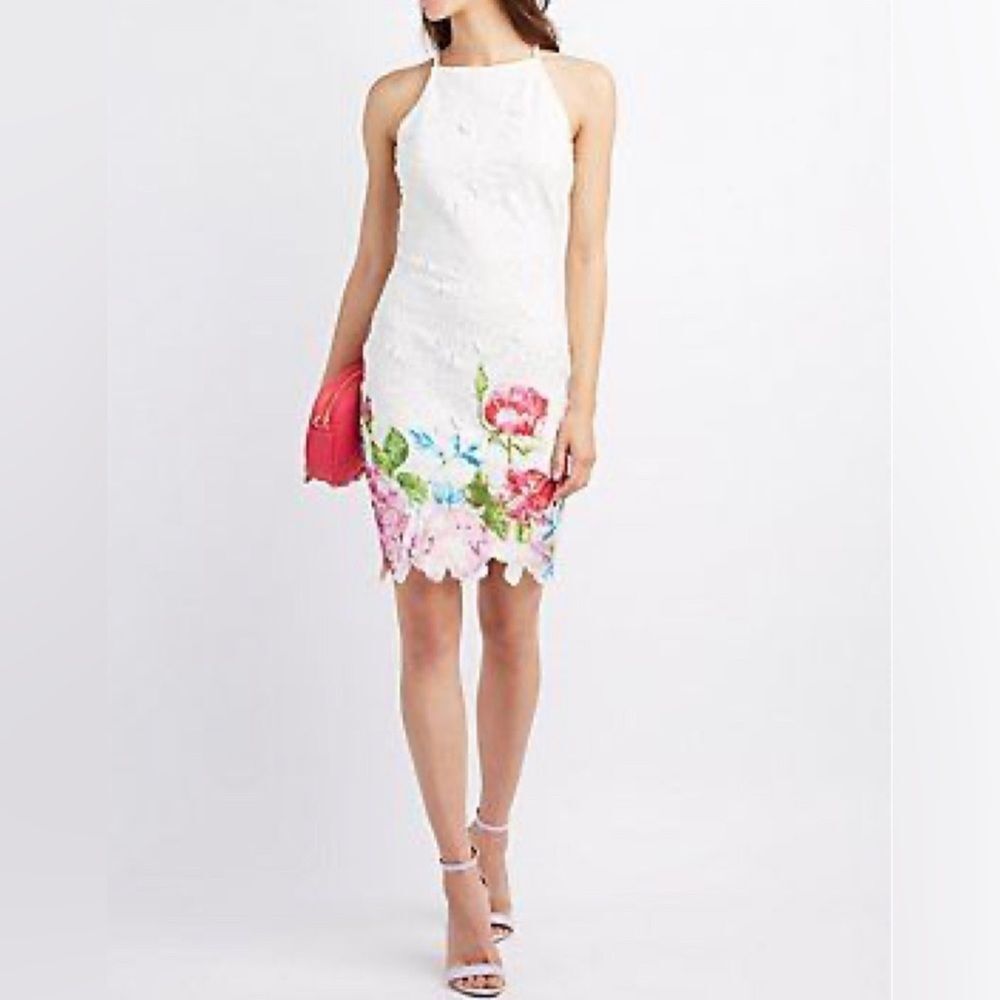 White embroidered lace halter butterfly back floral dress size medium
